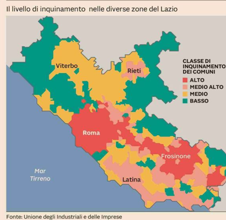Il livello di inquinamento nelle diverse zone del Lazio